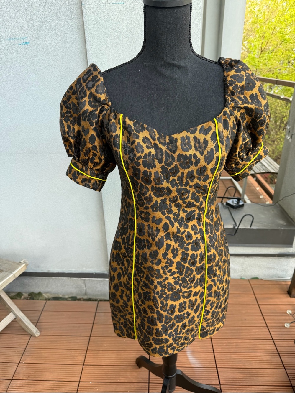 For Love And Lemons Leopard Print Puff Sleeve Mini Dress with Yellow Trim